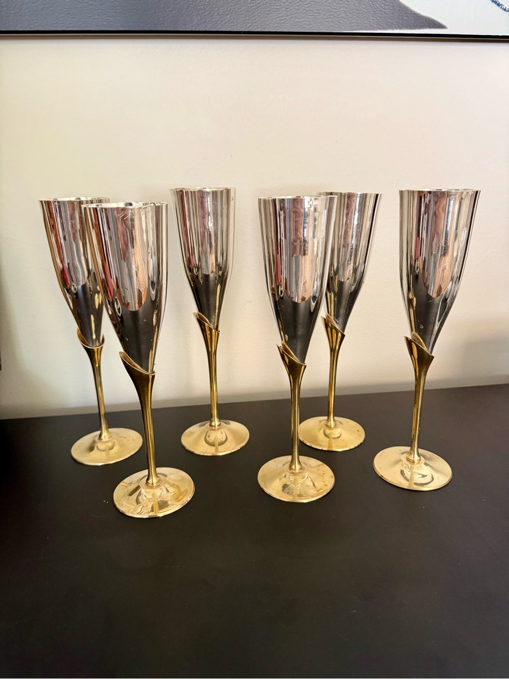 Art Deco - Set of 6 Vintage Silver and Brass Metallic Champagne Flutes